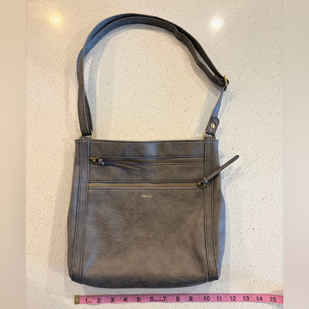 Relic Women's Gray Leather Crossbody with Front Zip Pockets